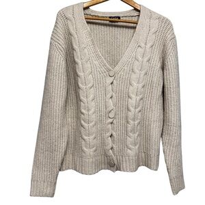 FATE Cream Cable Knit Cardigan Button Front Large Vneck Chunky Modern Chic